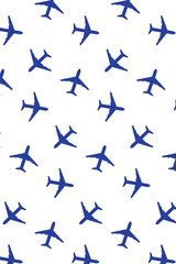Seamless pattern with blue airplanes. Transportation concept, vector illustration.