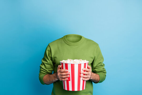 Picture photo sketch collage of unknown unusual weird anonymous guy hold bucket pop cort watching movie isolated on blue color background