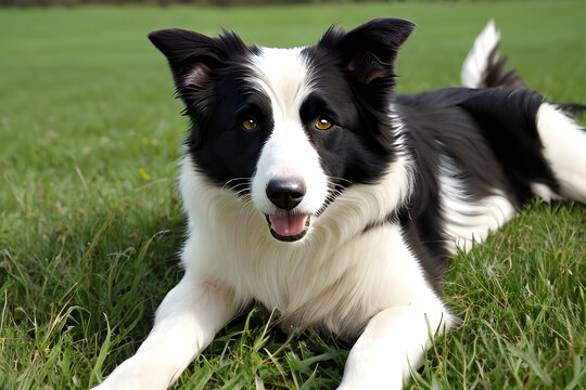 A Border Collie lying on the grass