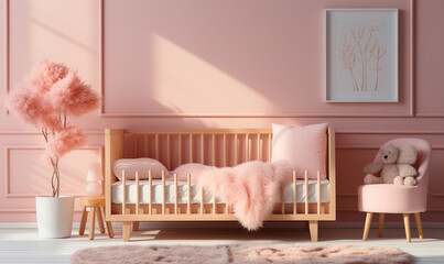 wooden baby cot bed on shag rug