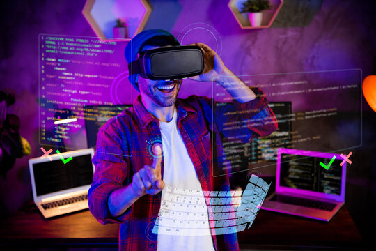 Futurism template collage of geek nerd engineer using gadget software optimization writing code for private net security - Powered by Adobe