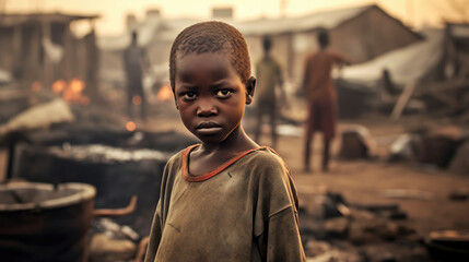 Fototapeta premium An underprivileged black child in a marginalized village, symbolizing the systemic inequalities and hardships faced by communities in third world countries. AI generated