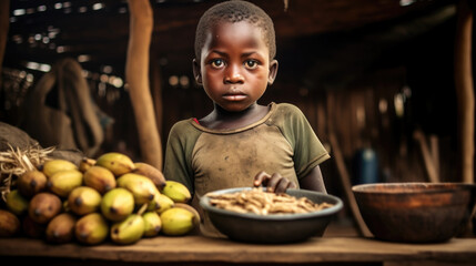 An undernourished boy gazes longingly at a meager meal, underscoring the widespread issue of food scarcity in impoverished regions AI generated - obrazy, fototapety, plakaty