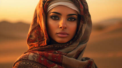 In the vastness of the UAE desert, an Arab woman radiates poise and elegance, celebrating the timeless allure of Arab heritage and traditions AI generated
