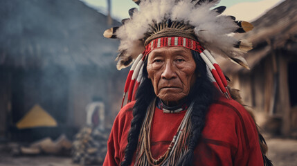 Obraz premium Portrait of the senior man of a native red Indian in America. headdress with feathers AI generated