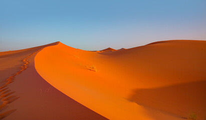 Naklejka na ściany i meble Sand dunes in the Sahara Desert, Merzouga, Morocco - Beautiful sand dunes in the Sahara desert with amazing sunrise - Sahara, Morocco