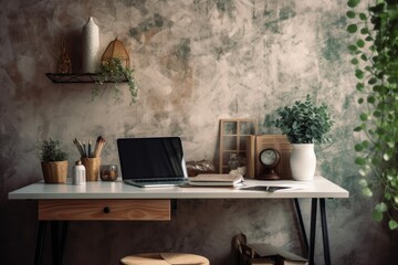 A chic home office desk with a mock up laptop, office supplies, a frame, a vase, some green ivy, and a wall with a beige natural texture. Concept of working and studying remotely. modern, artistic wor