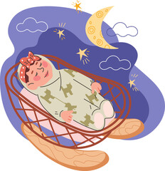 Baby sleeps in the cradle at night.  Newborn baby sleeping careless and quietly. Toddler day schedule.