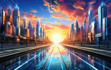 Digital artwork that portrays futuristic cityscapes bathed in vibrant daylight. Incorporate sleek, geometric architecture and elements of advanced technology AI Generative