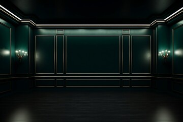 Nighttime Elegance Empty Dark Green Room with Copy Space. Generative AI