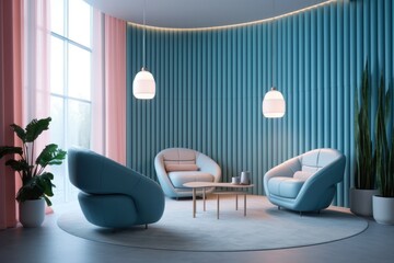 Modern lounge area with round geometric details and blue accents. Interior concept, 3d render