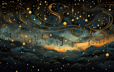 Artwork that combines the magic of starlight with musical elements, flowing lines and delicate details to depict a celestial orchestra AI Generative