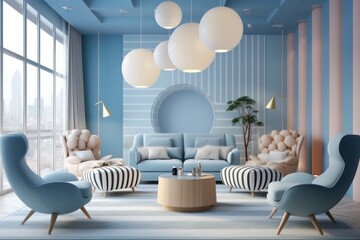 Sophisticated living area with round geometric details and a calming blue palette