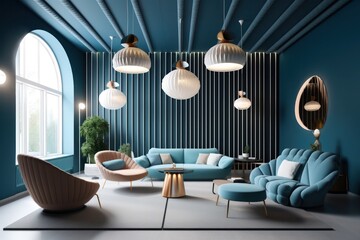 Sophisticated living area with round geometric details and a calming blue palette