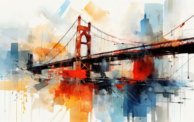 Abstract composition with brooklyn bridge and city skyline, in the style of oil paintings, light cyan and orange, light cyan and red, precise, detailed architecture paintings, die brücke