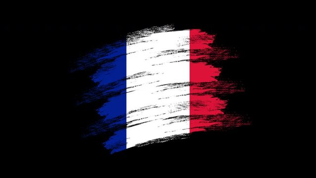 4K Paint Brush France Flag with Alpha Channel. Waving Brushed French Banner. Transparent Background Texture Fabric Pattern High Detail.