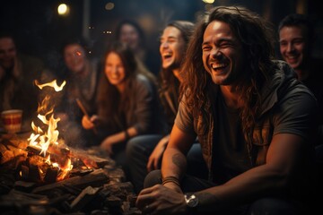 Obraz na płótnie Canvas Cinéma vérité style: a spontaneous moment of laughter around a campfire under a starry night captures unscripted life. Generative AI.