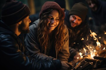 Fototapeta premium Cinéma vérité style: a spontaneous moment of laughter around a campfire under a starry night captures unscripted life. Generative AI.
