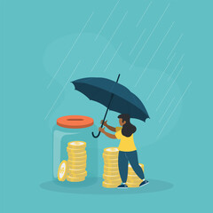 Business woman with umbrella protecting money from economic problems - business and finance protection vector concept. Flat illustration.
