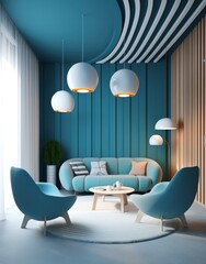 Lounge area with chairs and sofa, couch minimalist style, concept with calm colors and round architecture. 3d render - 622634217