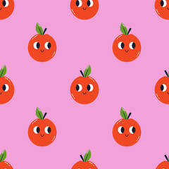 Vector seamless pattern with cute funny apples. Trendy background with smiling red apples. Kawaii apples with faces. Pattern with childish apple characters.