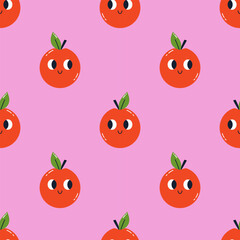 Vector seamless pattern with cute funny apples. Trendy background with smiling red apples. Kawaii apples with faces. Pattern with childish apple characters.