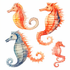 Fototapeta premium sea ​​Horse set watercolor on a white background created with Generative Ai