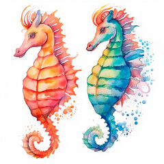 sea ​​Horse set watercolor on a white background created with Generative Ai