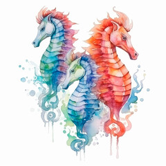 sea ​​Horse set watercolor on a white background created with Generative Ai