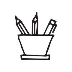 to write. a pen. pencil. pencil case. stylus. ink. teach. the science. knowledge. paper. print. archive. student. school. study. vector. on a white background. doodle.