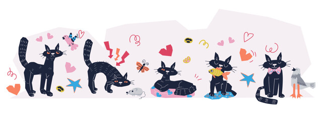 Funny black cat sleeping, playing and hunting, pet character for veterinary and pet care. Adorable cats in row with decorative elements, flat vector illustration isolated on white background.