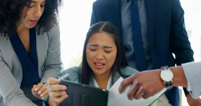 Timelapse, multitask and a business asian woman with stress in the office trying to juggle tasks or deadlines. Technology, communication and anxiety with an overworked female manager in the workplace