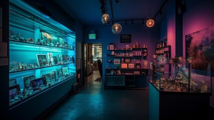 Fototapeta na wymiar Nightfall in the Urban Retail Scene: Exploring the Dynamic Interiors of a Vibrant City Shop, generative AIAI Generated