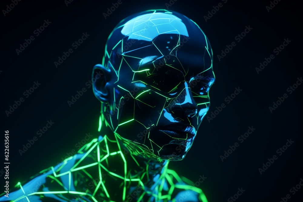 Poster realistic man head polygonal skin. abstract lines, triangles and particle style design. ai generated