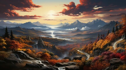 Vibrant Autumn Splendor: Mountains Adorned with Shades of Red, Orange, and Gold