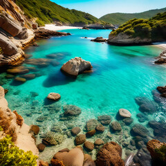 Fototapeta na wymiar Paradise blue lagoon on the beach with cliff and cave