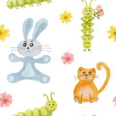 Children's watercolor pattern with animals. Seamless pattern with rabbit, cat, butterfly caterpillar and flowers. The illustration is hand drawn.