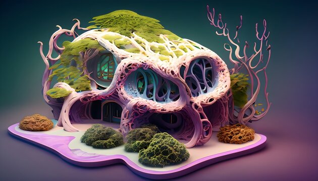 a stunning alien hometree building with organic shapes made from biomaterials, purple tentacles, colorful, leafy vines, organic materials, 3d vray render, artstation, isometric,AI generated