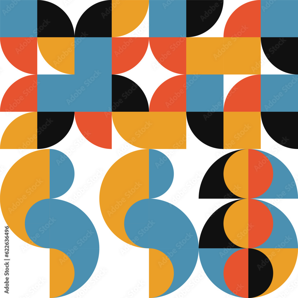 Poster Geometric abstract vector seamless pattern with circles, rectangles and squares in retro Bauhaus style. Pastel colored simple shapes graphic background.