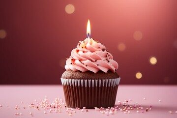  Birthday Cupcake On Pink Background, Generative AI