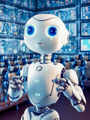 KI ersetzt Lehrer. Futuristischer Roboter, der in der Schule arbeitet und als Vertretungslehrer im Klassenzimmer unterrichtet, Generative AI