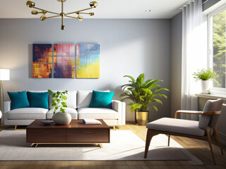 Stylish modern living room bright interior perfect for product background contains grey sofa, lamp, table, wooden floor, green pillow