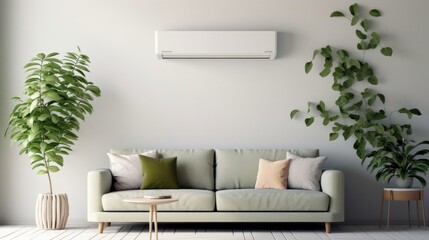 Close up of AC unit on wall. Modern and luxury interior with Air Conditioner on the wall. Climate control and comfort concept. - obrazy, fototapety, plakaty