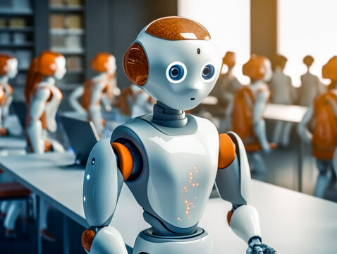 KI-humanoide Roboter in der Schule, Konzepte der künstlichen Intelligenz oder des maschinellen Lernens. Globalisierung und Technologieentwicklung. Generative AI
