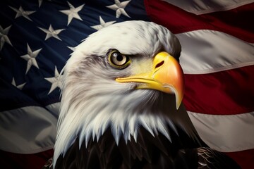 Majestic Symbol Bald Eagle Head in Front of American Flag, Generative AI