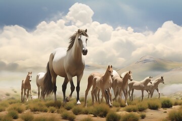 Fototapeta na wymiar Gentle Equine Ensemble Herd of Horses with Newborn Foal. Generative AI