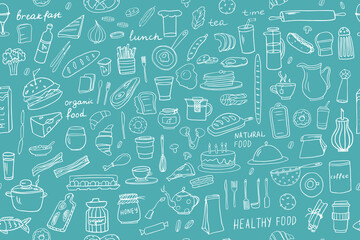 Seamless pattern of healthy food and fast food ingredients in doodle style with lettering in vector. Great for menu design, banners, sites, packaging. Isolated on blue