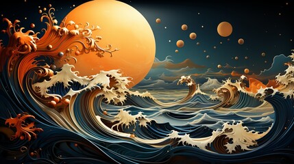 Wave pattern against the background of the setting sun splashes Generative AI