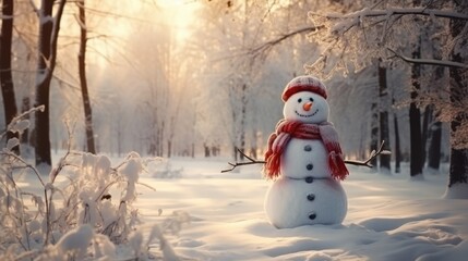 Fototapeta premium Funny snowman in the snowed forest. Generative AI