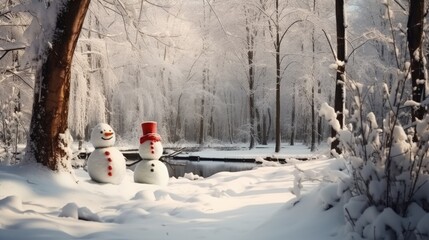 Funny snowman in the snowed forest. Generative AI